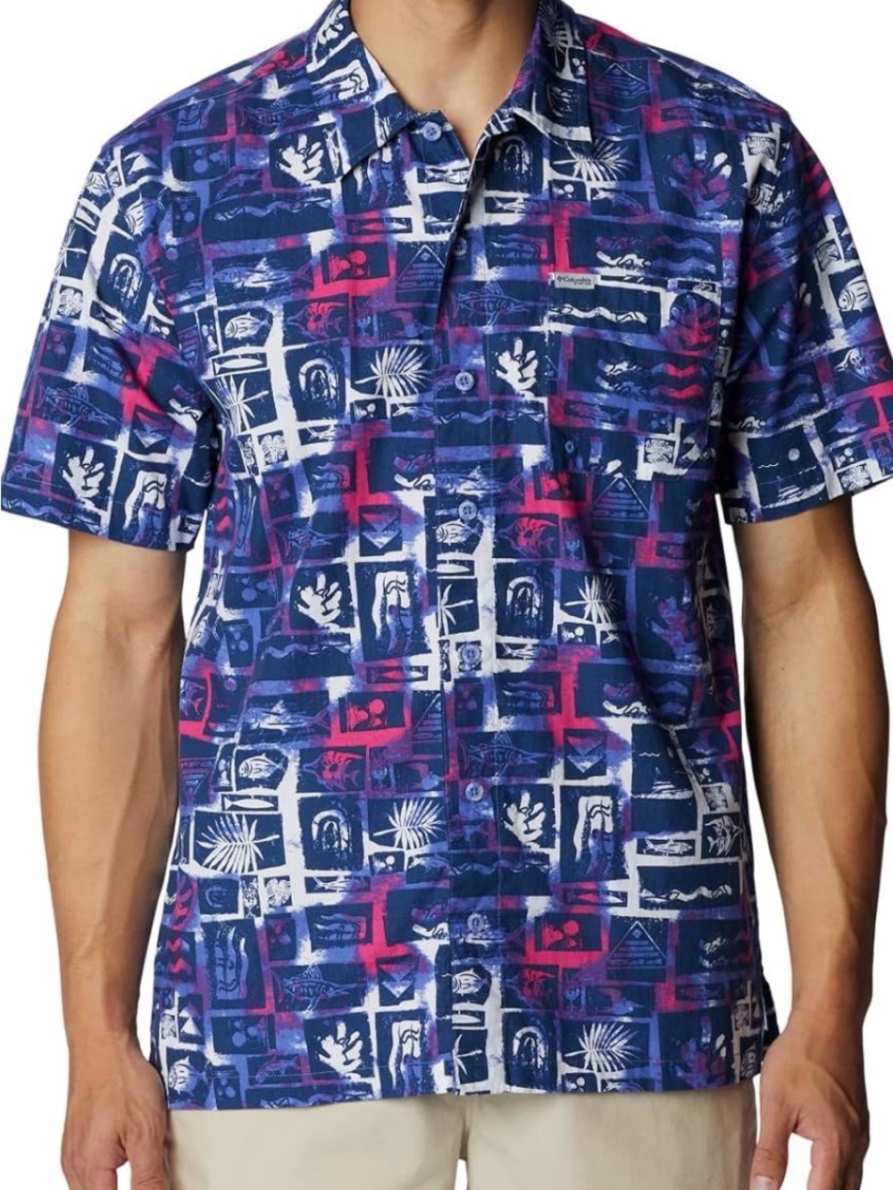 Columbia PFG Sportswear Men's Short-Sleeve Button-Down Shirt in Navy Blue Print